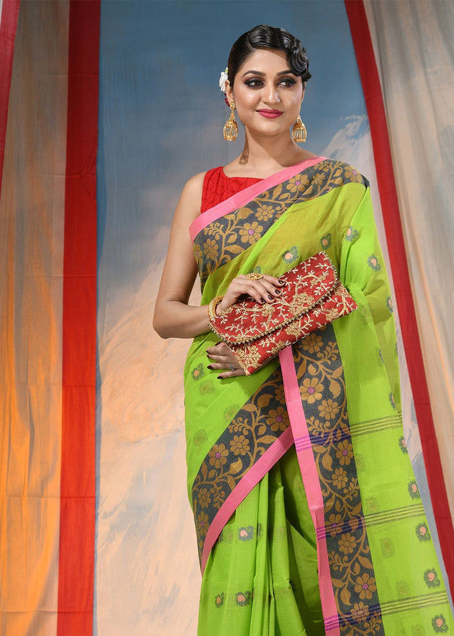 Exquisite Green Floral Pure Cotton Saree with Woven Design Border