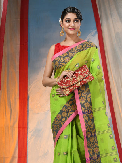 Exquisite Green Floral Pure Cotton Saree with Woven Design Border