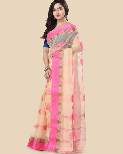 DESH BIDESH Floral Zari Pure Cotton Taant Saree - Sarees for Women
