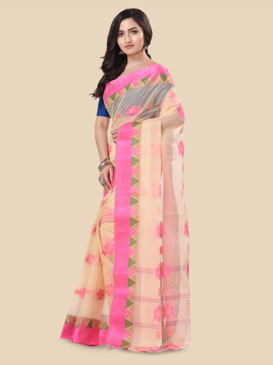 DESH BIDESH Floral Zari Pure Cotton Taant Saree - Sarees for Women