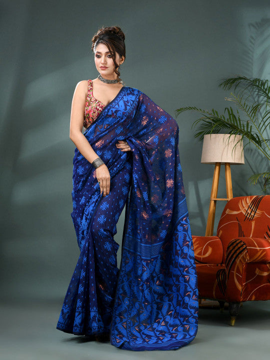 Elegant Blue Jamdani Saree with Woven Ethnic Motifs and Zari Work