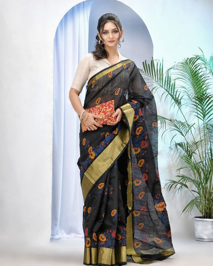 Exquisite Floral Printed Black & Gold Zari Border Saree for Women