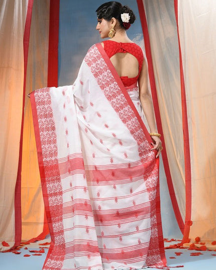 Elegant Floral Embroidered Handloom Saree: Red, White, Cotton Blend, Traditional Indian Wear