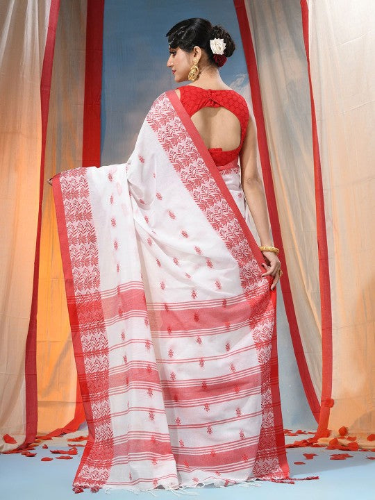 Elegant Floral Embroidered Handloom Saree: Red, White, Cotton Blend, Traditional Indian Wear