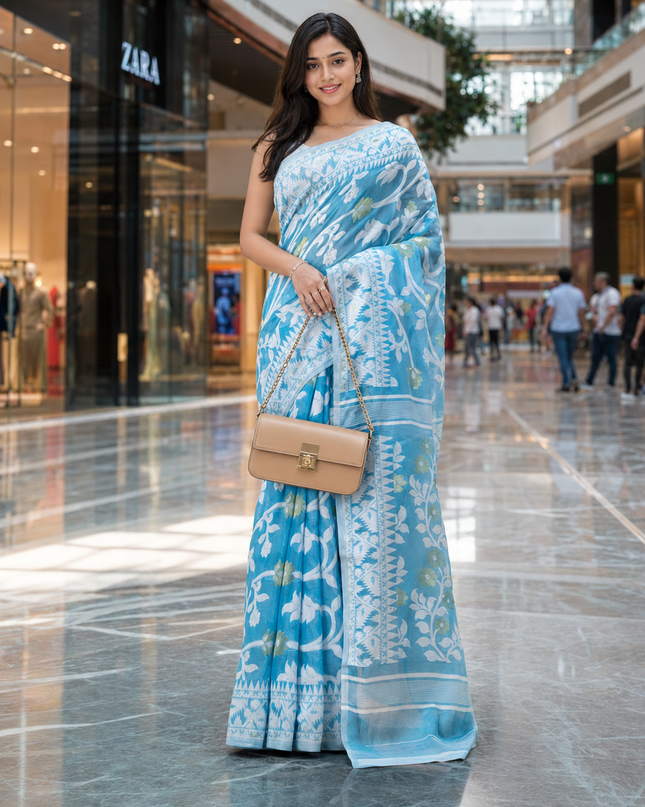 Floral Woven Design Pure Cotton Jamdani Saree