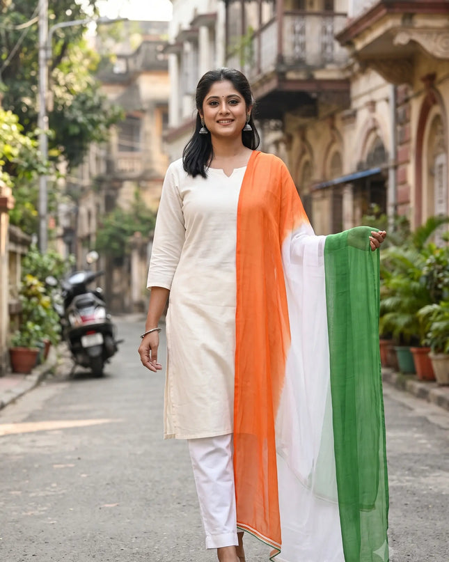 Tri Color Embellished Chiffon Dupatta with Patriotic Tassels