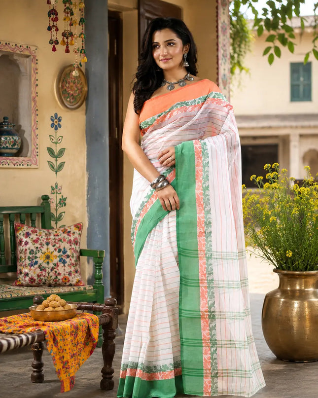 Women Tant cotton saree for woman party, wear sarees cotton georgette handloom wedding new chiffon collection sarees for women latest, Chitralekha design (Tri Color)