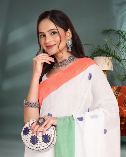 Women's Tri Color Handloom Pure Cotton Saree With Blouse Piece – Orange, White, Green (Independence Day Special)