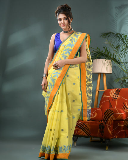 Yellow Pure Cotton Handloom Botanic Design Tant Saree (No Blouse Piece)