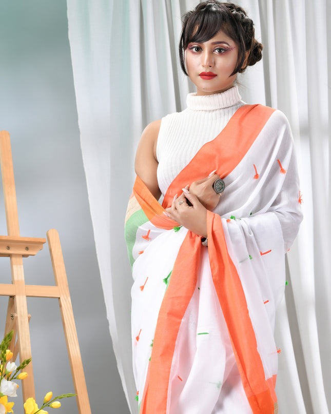 Women's Tri Color Pure Cotton Khadi Handloom Saree Mashal Design with Blouse Piece – Independence Day Special (Orange, White & Green)