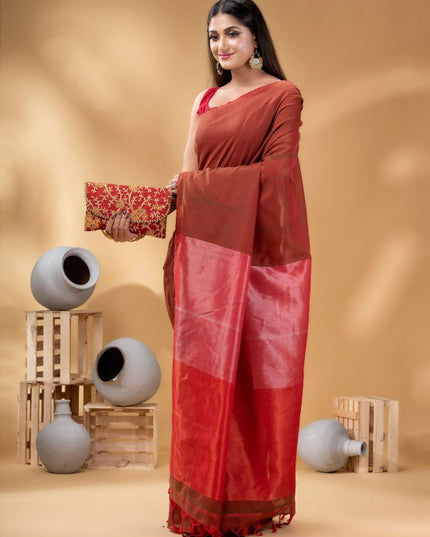 DESH BIDESH Elegant Maroon Woven Design Taant Saree for Women with Solid Border