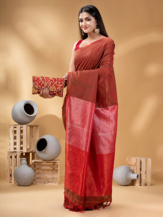 DESH BIDESH Elegant Maroon Woven Design Taant Saree for Women with Solid Border