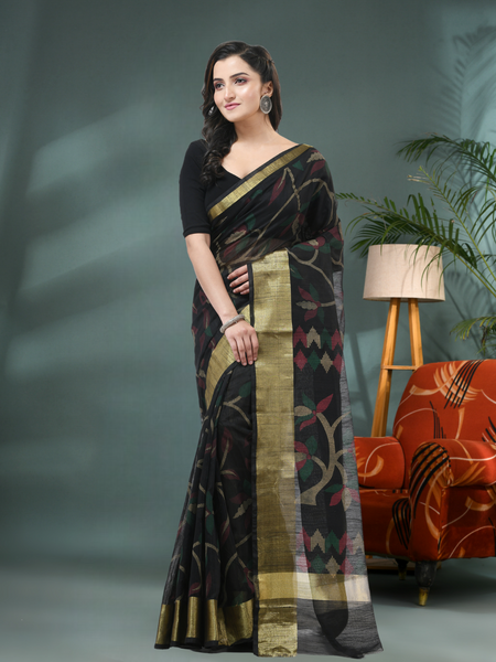 Cotton Silk Handloom Saree - Black Floral Leaf Design with Blouse Piece