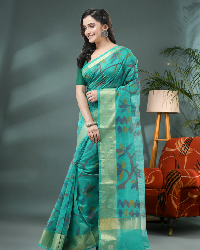 Handwoven Firoza Floral Leaf Pattern Saree for Women
