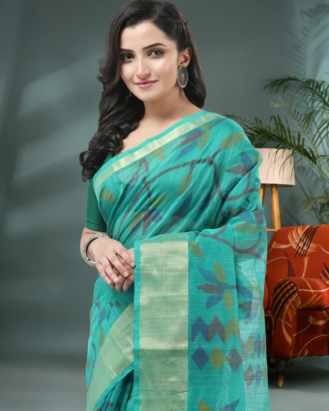 Soft Firoza Cotton Silk Saree with Traditional Design zoomed view
