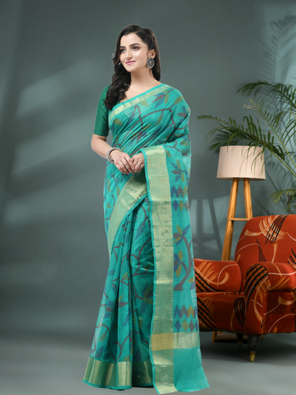 Desh Bidesh Firoza Cotton Silk Handloom Saree Floral Leaf Design Front View