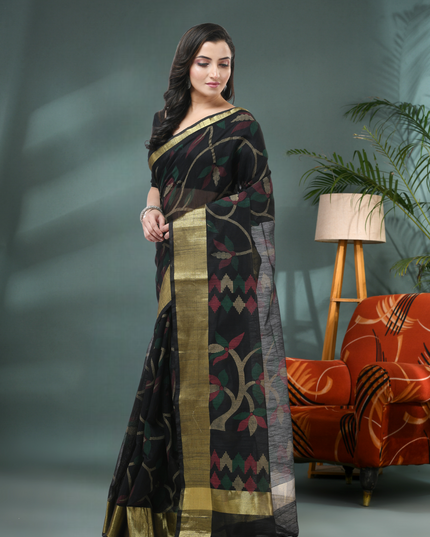 Handwoven Black Floral Leaf Pattern Saree for Women Side View