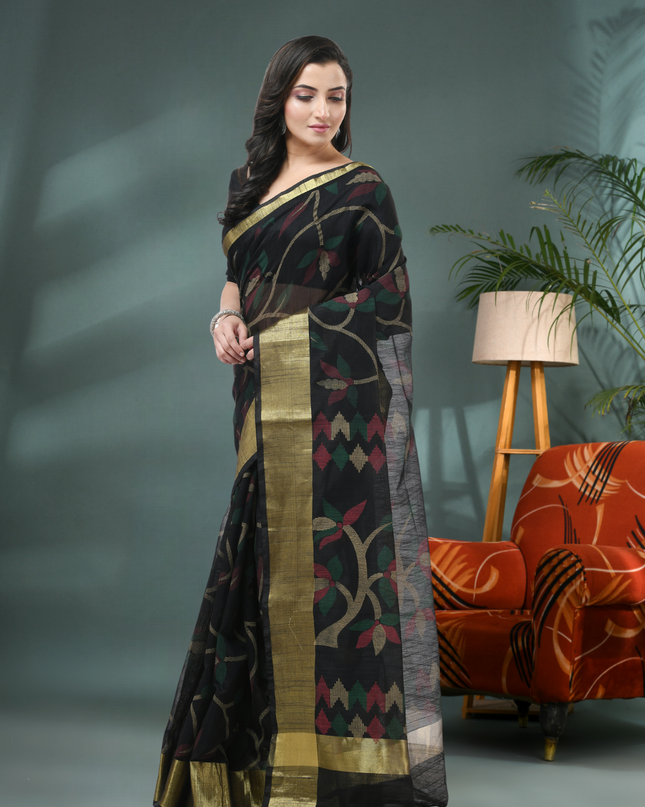 Handwoven Black Floral Leaf Pattern Saree for Women Side View