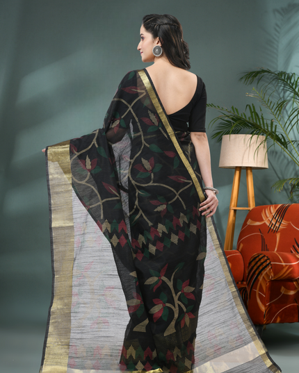 Comfortable Black Cotton Blend Saree with Intricate Weaving back View