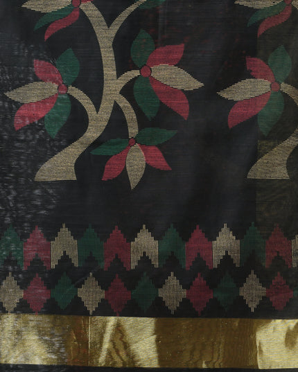 Blouse Piece Included with Black Handloom Cotton Silk Saree