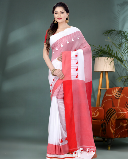 Red & White Pom Pom Design Bengali Tant Pure Cotton Saree for Women