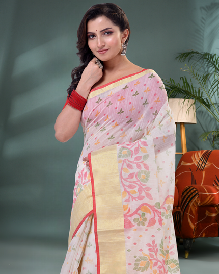Soft White Cotton Silk Saree with Traditional Design Zoomed View