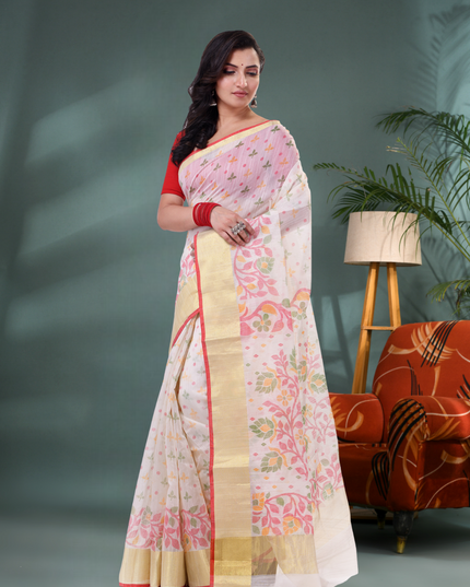 Desh Bidesh White Cotton Silk Handloom Saree Floral Leaf Design