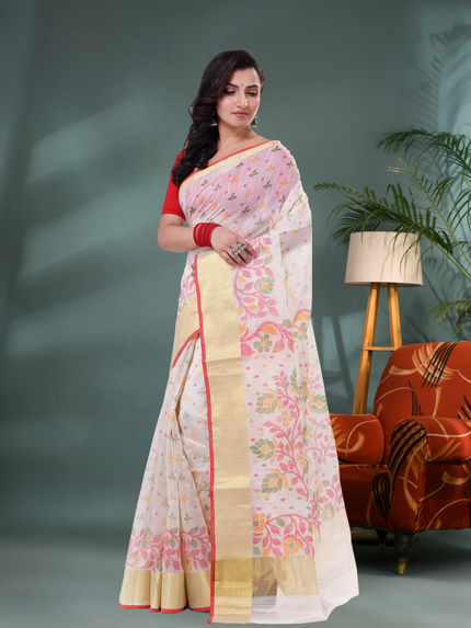 Desh Bidesh White Cotton Silk Handloom Saree Floral Leaf Design