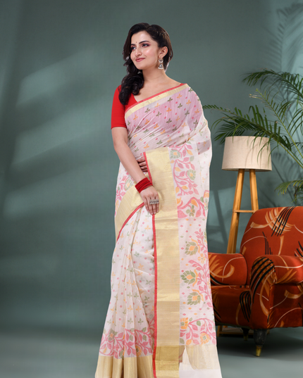 Elegant White Cotton Silk Blend Saree with Blouse Piece