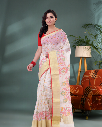 Handwoven White Floral Leaf Pattern Saree for Women