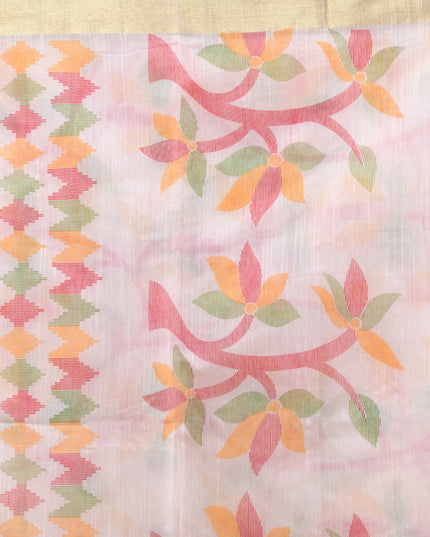 Premium White Cotton Silk Blend Fabric Saree Close Up VIew