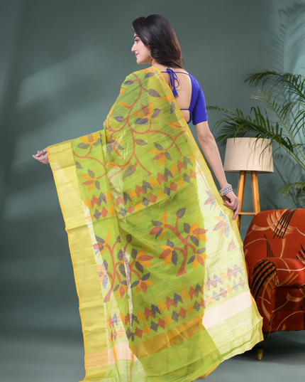 Premium Green Cotton Silk Blend Fabric Saree Back View