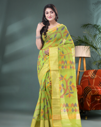 Desh Bidesh Green Cotton Silk Handloom Saree Floral Leaf Design Front View