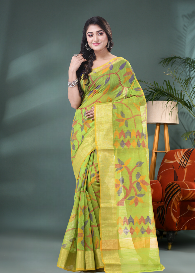Desh Bidesh Green Cotton Silk Handloom Saree Floral Leaf Design Front View