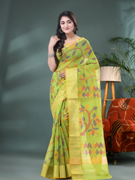 Cotton Silk Handloom Saree - Green Floral Leaf Design with Blouse Piece