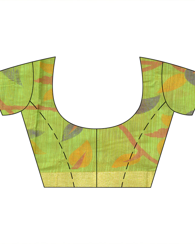 Blouse Piece Included with Green Handloom Cotton Silk Saree