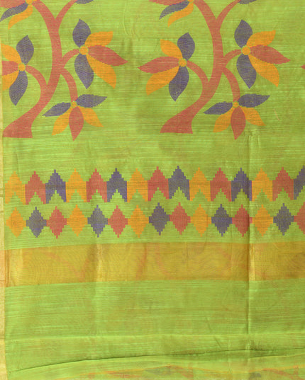 Close-up of Floral Leaf Design on Green Cotton Silk Saree
