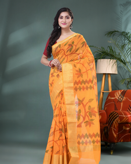 Desh Bidesh Yellow Cotton Silk Handloom Saree Floral Leaf Design Front View