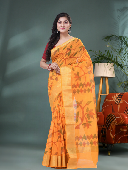 Desh Bidesh Yellow Cotton Silk Handloom Saree Floral Leaf Design Front View