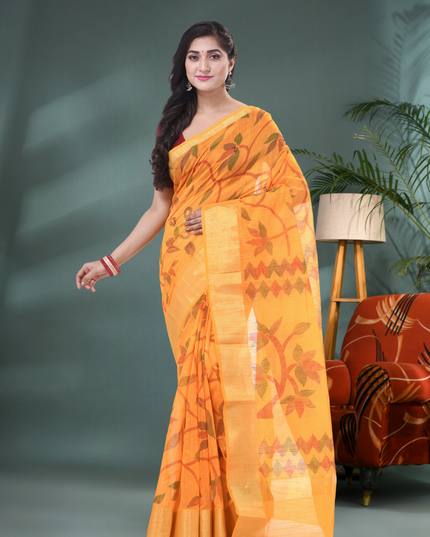 Elegant Yellow Cotton Silk Blend Saree with Blouse Piece