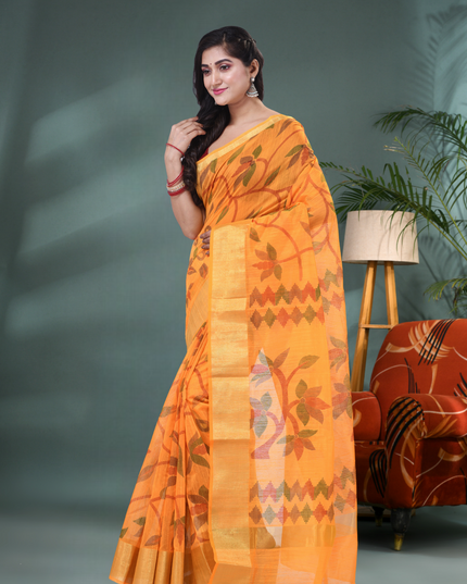 Handwoven Yellow Floral Leaf Pattern Saree for Women Side View