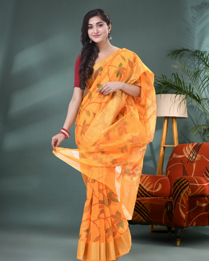 Close-up of Floral Leaf Design on Yellow Cotton Silk Saree 