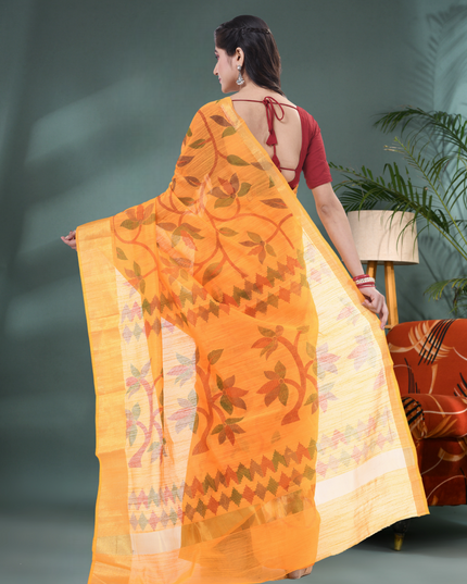 Soft Yellow Cotton Silk Saree with Traditional Design back View