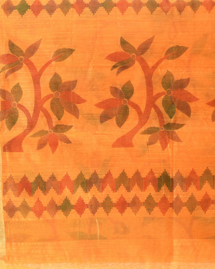 Close-up of Floral Leaf Design on Yellow Cotton Silk Saree