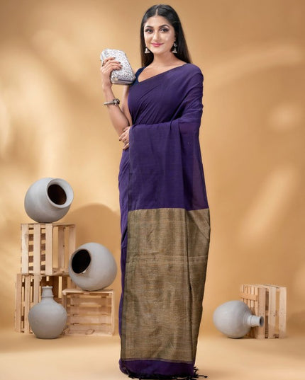 Exquisite Pure Cotton Solid Purple Saree with Blouse Piece for Women