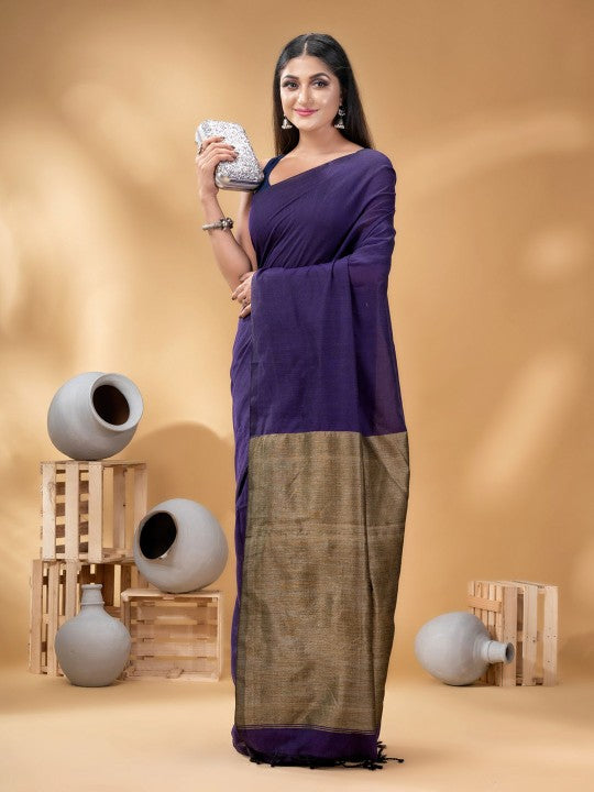 Exquisite Pure Cotton Solid Purple Saree with Blouse Piece for Women