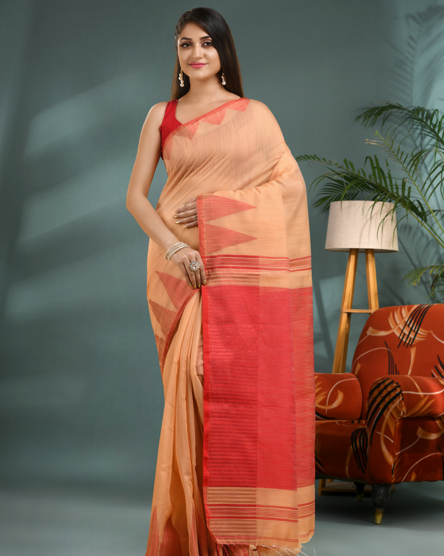 Women's Traditional Bengali Handloom Tant Pure Cotton Saree with Blouse Piece Temple Par Design