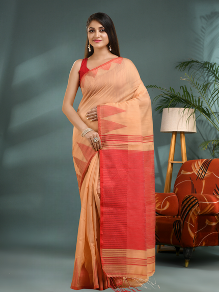 Women's Traditional Bengali Handloom Tant Pure Cotton Saree with Blouse Piece Temple Par Design