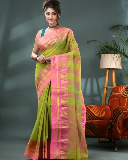 DESH BIDESH Striped Zari Pure Cotton Taant Saree