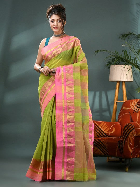 DESH BIDESH Striped Zari Pure Cotton Taant Saree